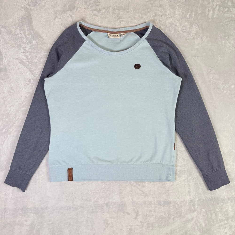Naketano Lightweight Sweatshirt Womens XXL Blue Grey Raglan Long Sleeve‎ Patches